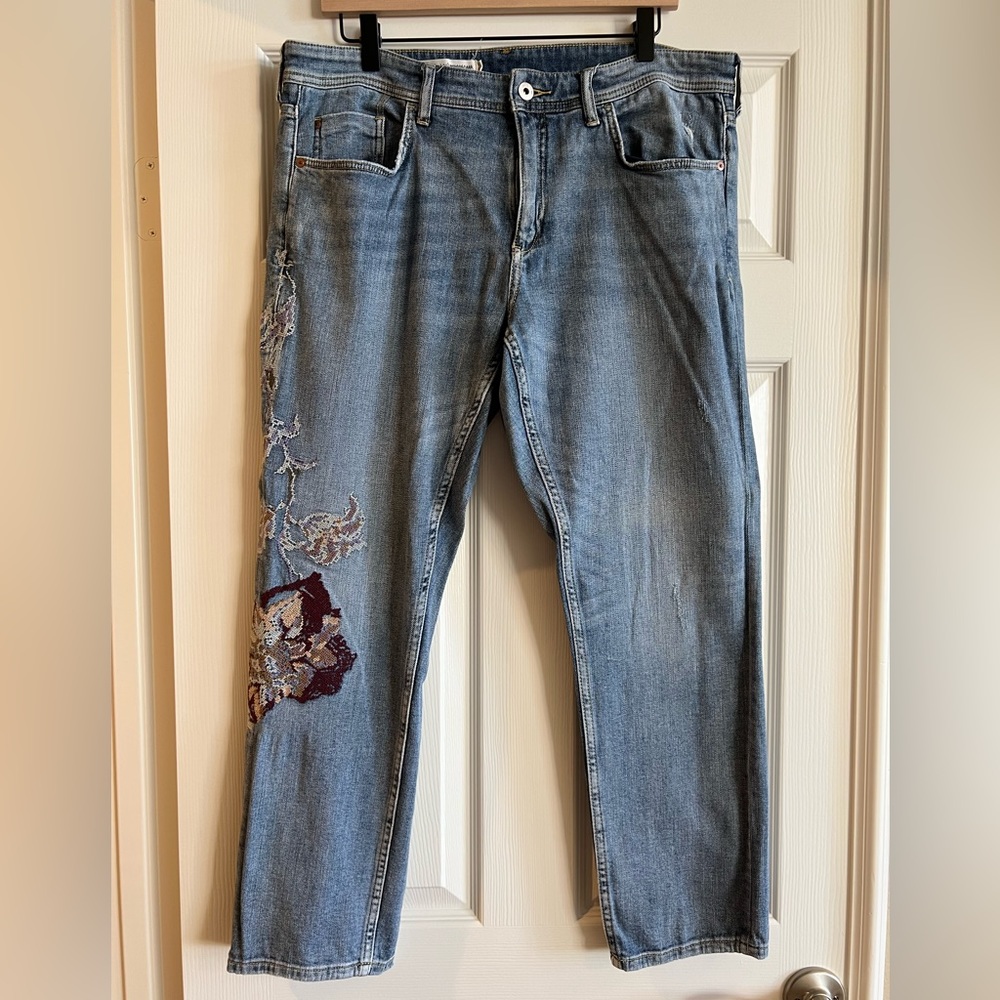 Anthropologie Boyfriend Jeans with Embroidery on Legs, Size 32